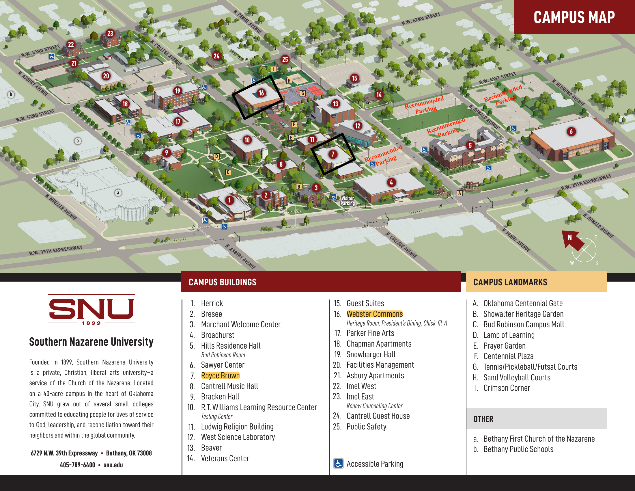Southern Nazarene University campus map showing visitor parking, Royce Brown, and Webster Commons